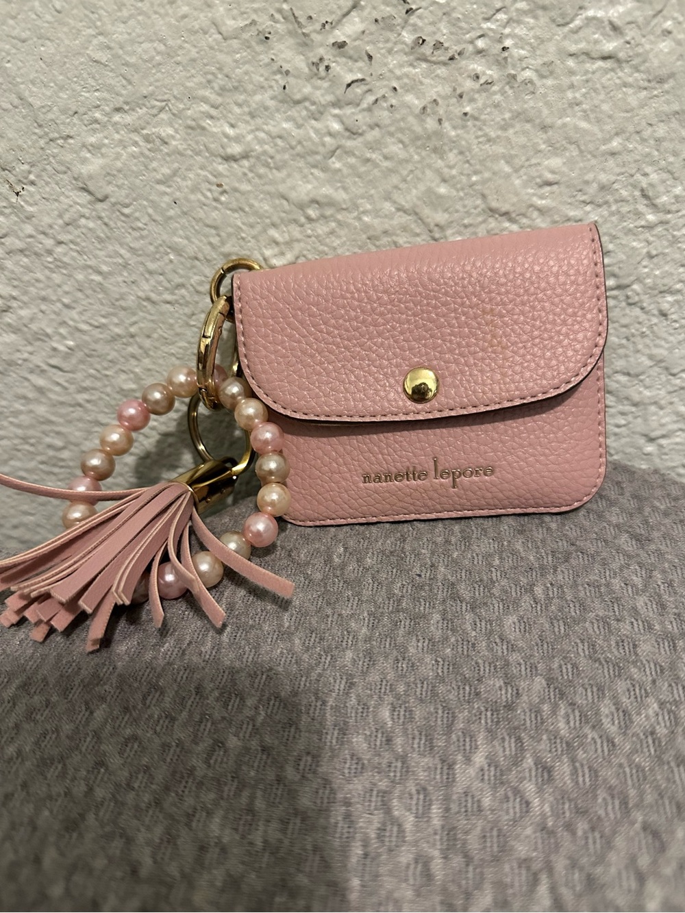 Nanette Lepore Blush Pink Pebbled Leather Card Wallet with Tassel & Pearl Br